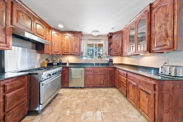 a kitchen with stainless steel appliances granite countertop a stove a sink dishwasher and a refrigerator