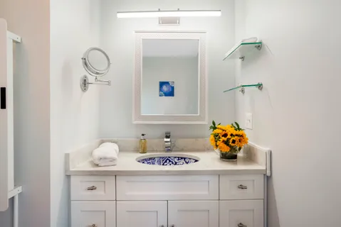 a bathroom with a sink and a mirror
