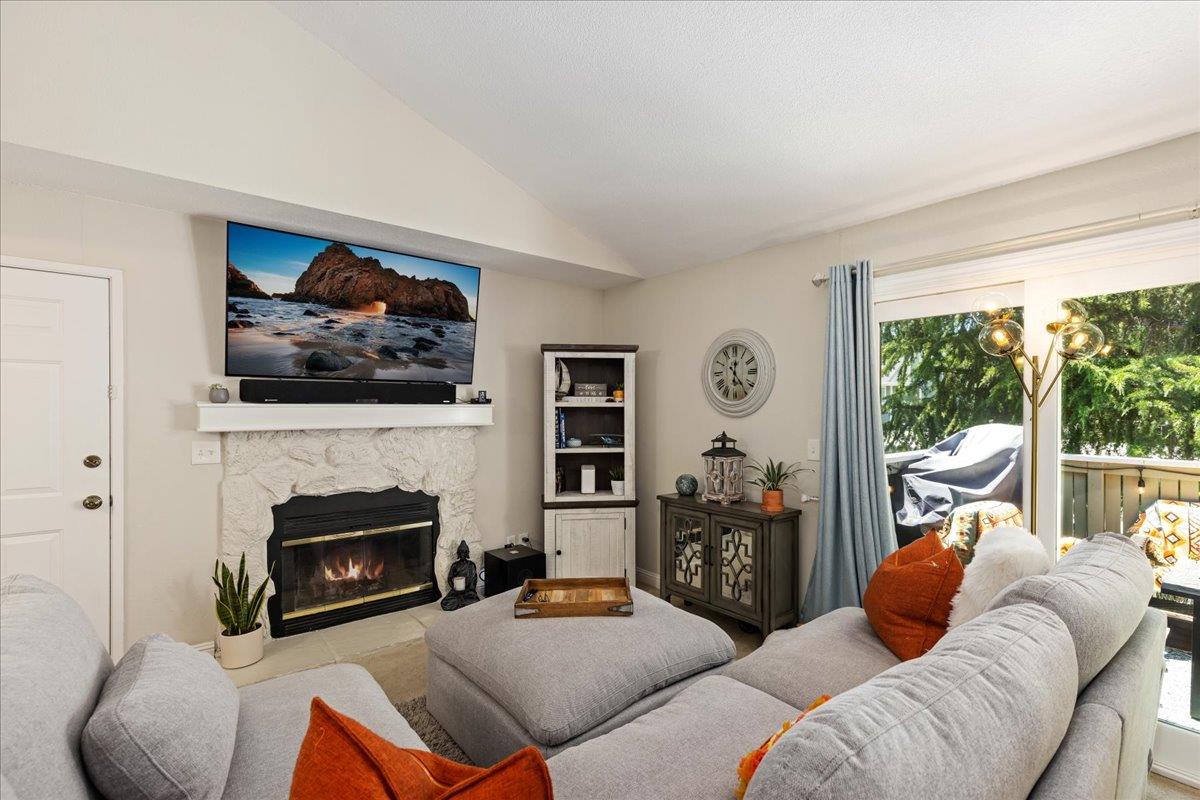 a living room with furniture a flat screen tv and a fireplace