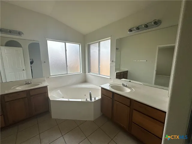 a bathroom with a tub a sink and mirror