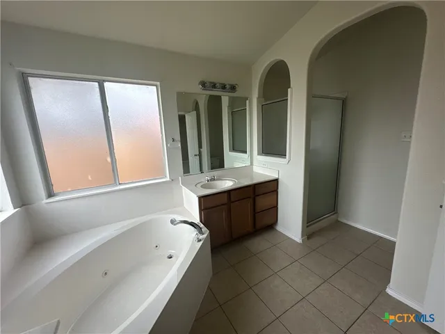 a bathroom with a tub sink and mirror