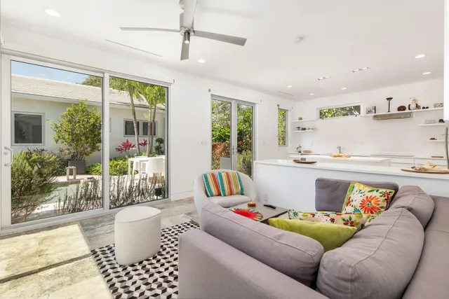 a living room with furniture and a potted plant