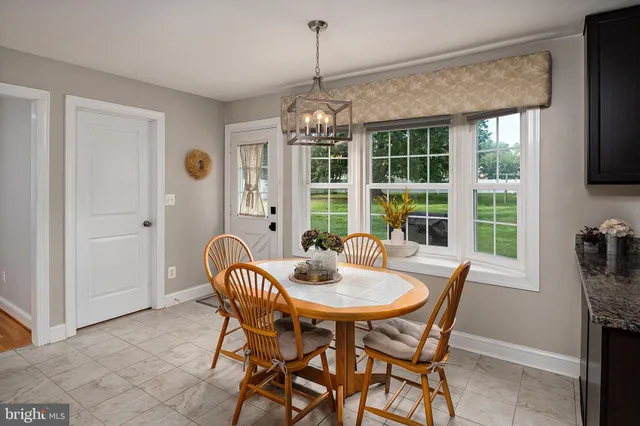 a dining room with furniture window and outside view