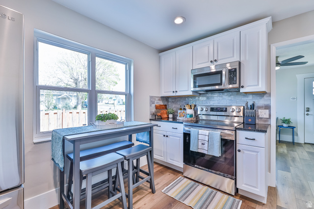 59 East 8680th Street South Sandy, UT 84070 - Photo 8 of 33 Modern kitchen featuring white cabinetry, dark countertops, and stainless steel appliances
