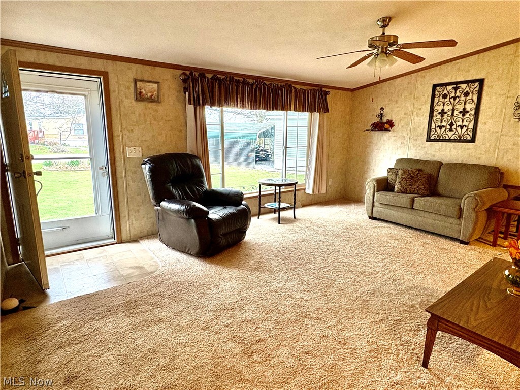 5852 Cleveland Road, Unit 22 Wooster, OH 44691 - Photo 22 of 35 Front door. Large picture window. Carpet. Ceiling fan.