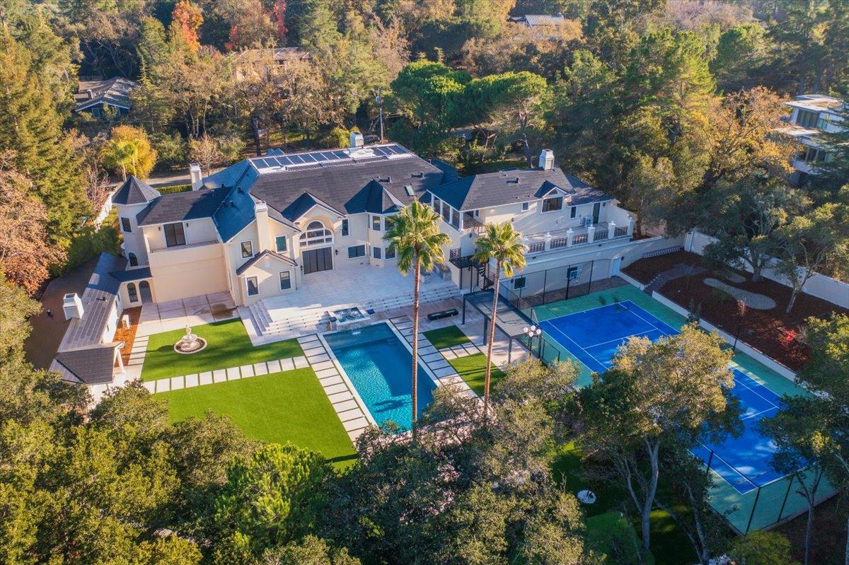 18911 Decatur Road Los Gatos, CA 95030 - Photo 136 of 143 an aerial view of a house with a swimming pool outdoor seating yard and mountain view