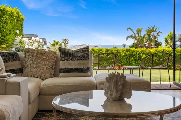 a view of a dining room with furniture a rug and a potted plant
