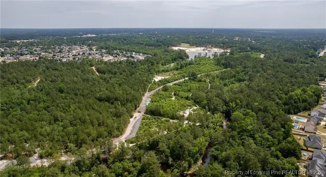 an aerial view of residential houses with outdoor space and trees