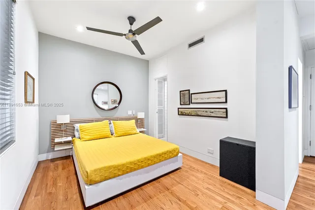 a bedroom with a bed and painting on the wall