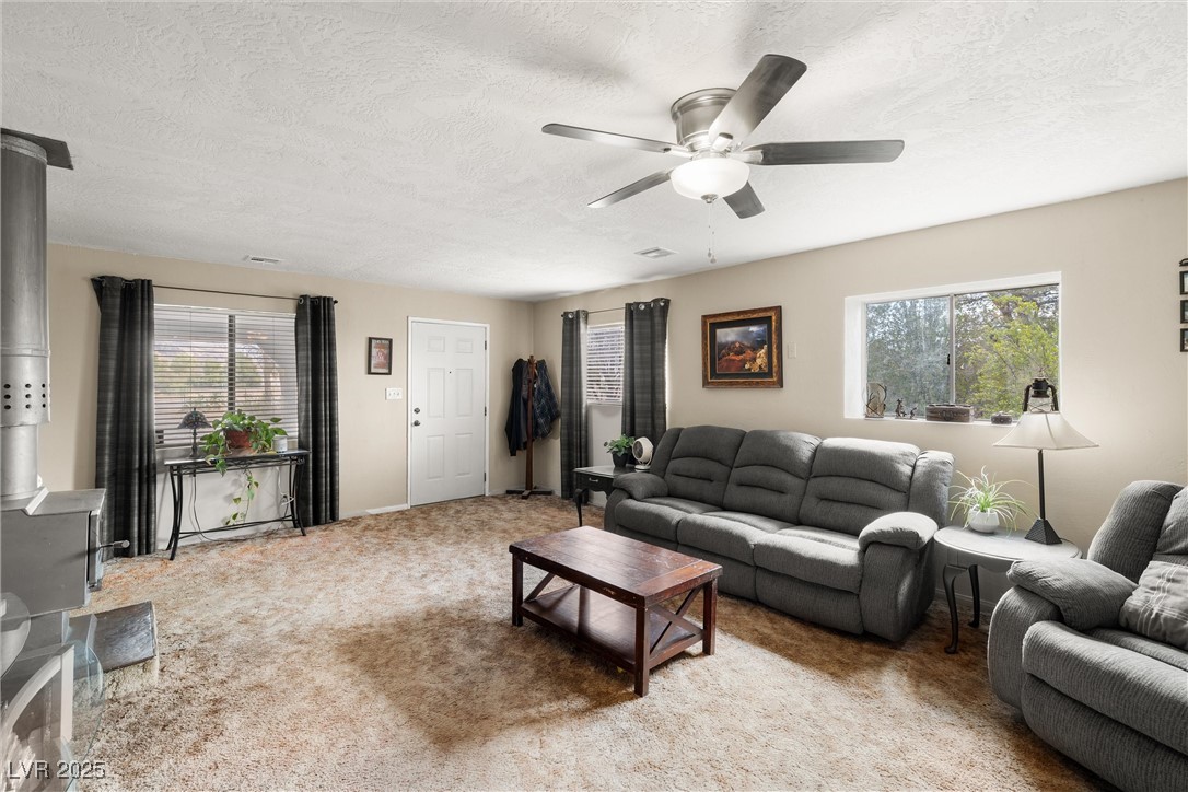 3951 West Blosser Ranch Road Pahrump, NV 89060 - Photo 9 of 35 Living room featuring a ceiling fan, a wood stove, carpet floors, and a textured ceiling