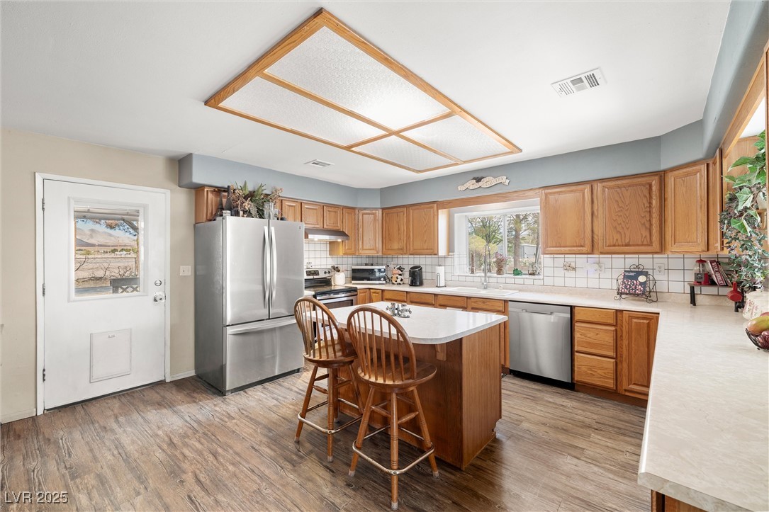 3951 West Blosser Ranch Road Pahrump, NV 89060 - Photo 10 of 35 Kitchen with appliances with stainless steel finishes, under cabinet range hood, light countertops, backsplash, and light wood-type flooring