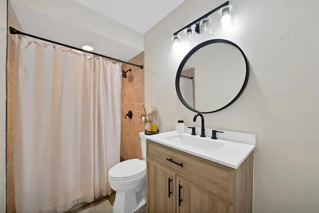 a bathroom with a sink a toilet and a mirror