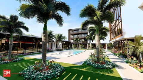 a view of a building with a swimming pool