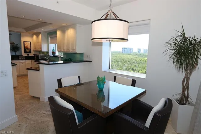 a view of a dining room with furniture window and outside view
