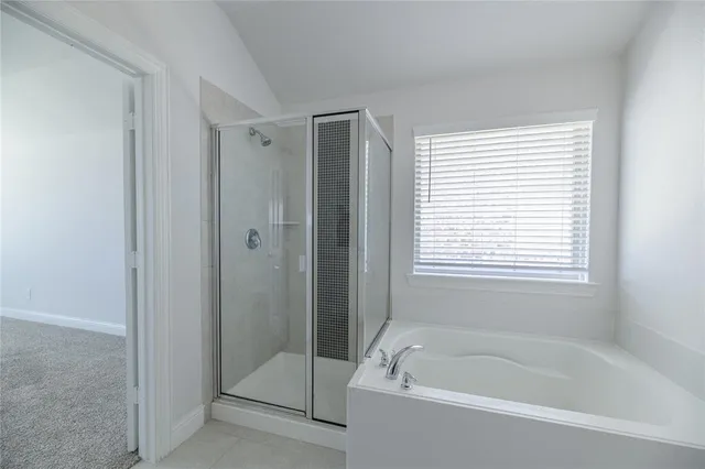 a bathroom with a bathtub and shower
