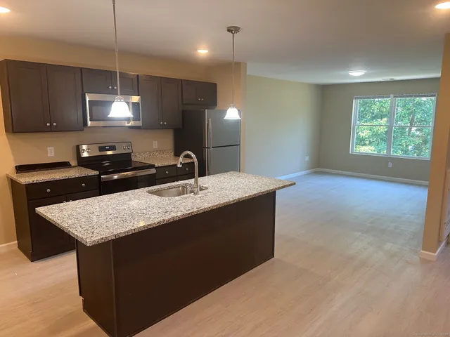 a kitchen with a sink a counter top space cabinets and appliances