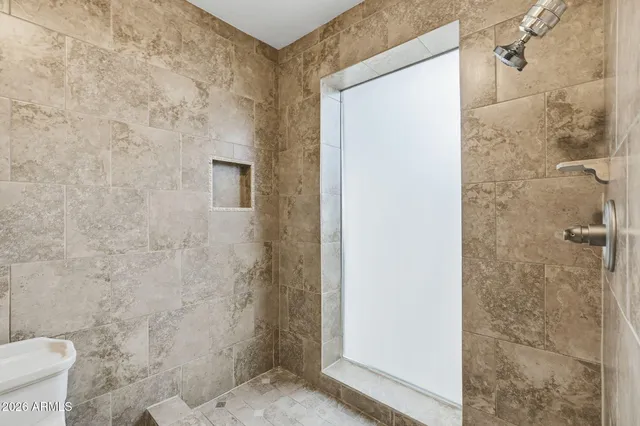 a bathroom with a shower and a toilet