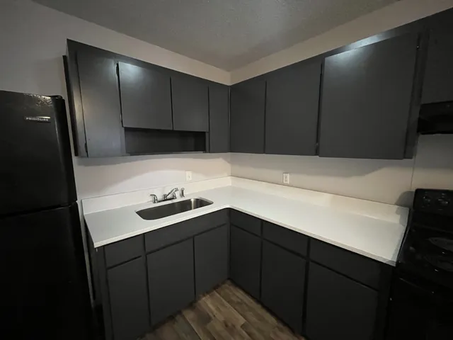 a kitchen with a sink and cabinets