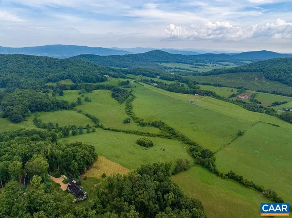 a view of a city with lush green forest