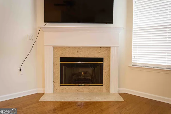 a living room with a fireplace in it