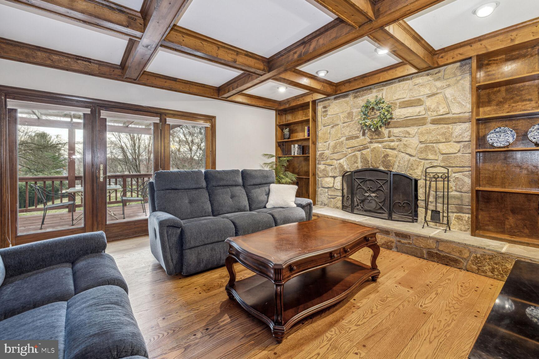 13303 Query Mill Road North Potomac, MD 20878 - Photo 14 of 42 Family Room fireplace, coffered ceiling