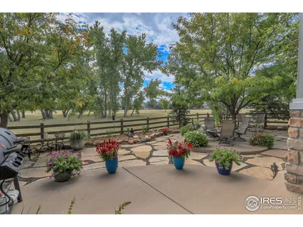 a view of a patio with table and chairs potted plants with large trees