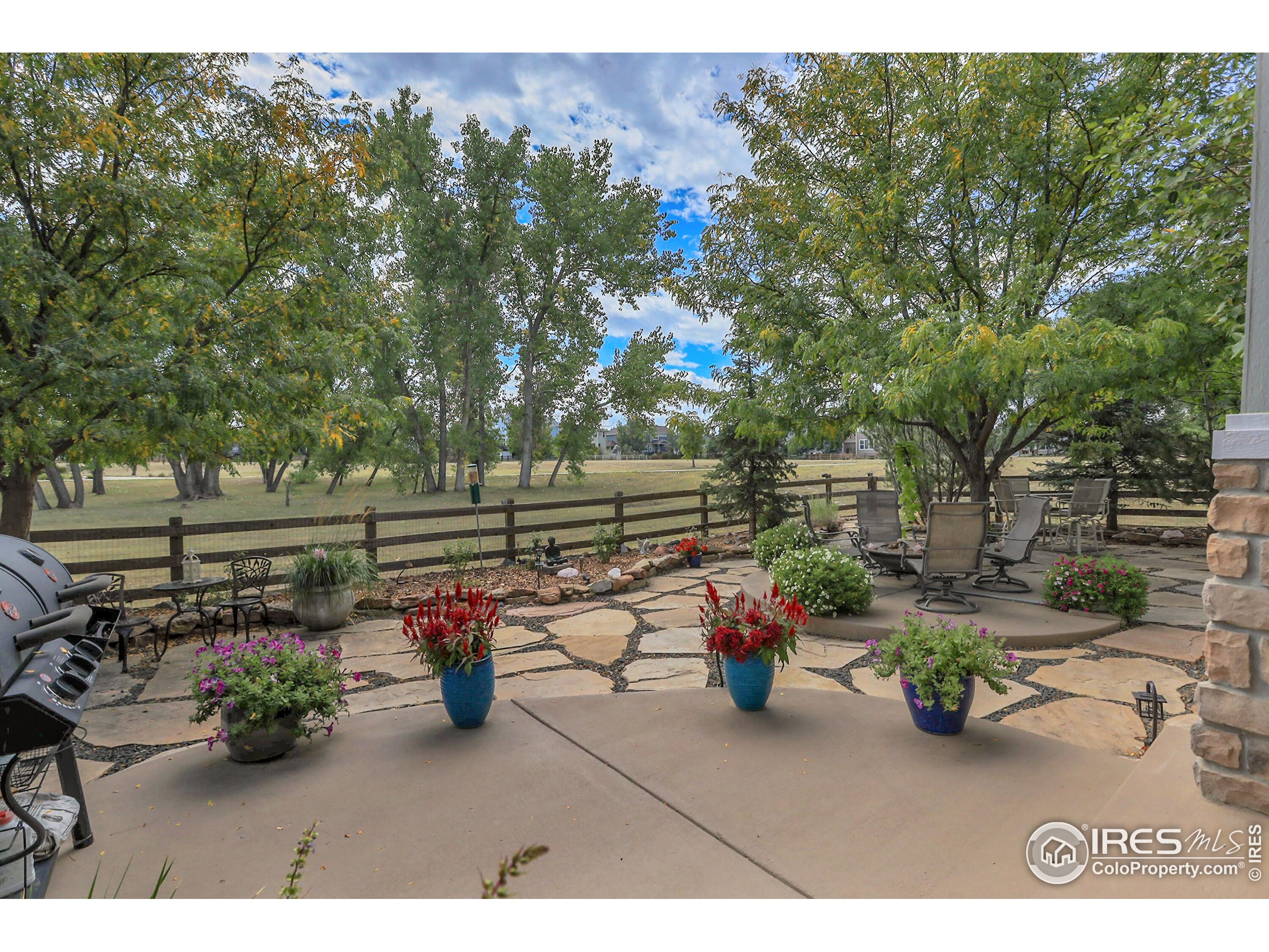 112 Austin Avenue Erie, CO 80516 - Photo 17 of 44 a view of a patio with table and chairs potted plants with large trees