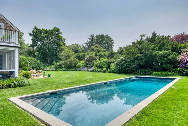 a view of a swimming pool with a yard and plants