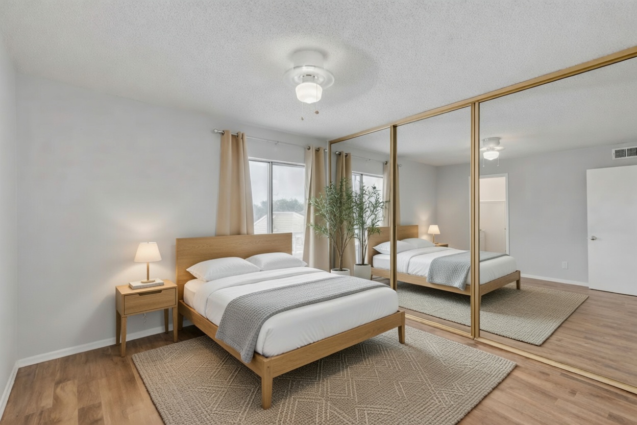 3115 Helms Street, Unit 210 Austin, TX 78705 - Photo 5 of 17 a bedroom with a bed and a mirror