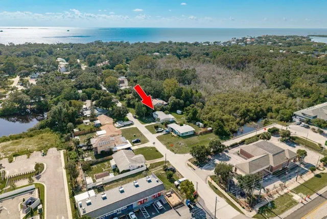 an aerial view of a house with a garden