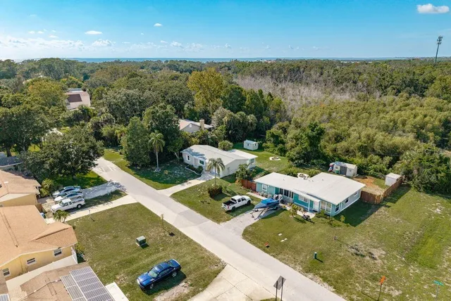 an aerial view of a house with a garden