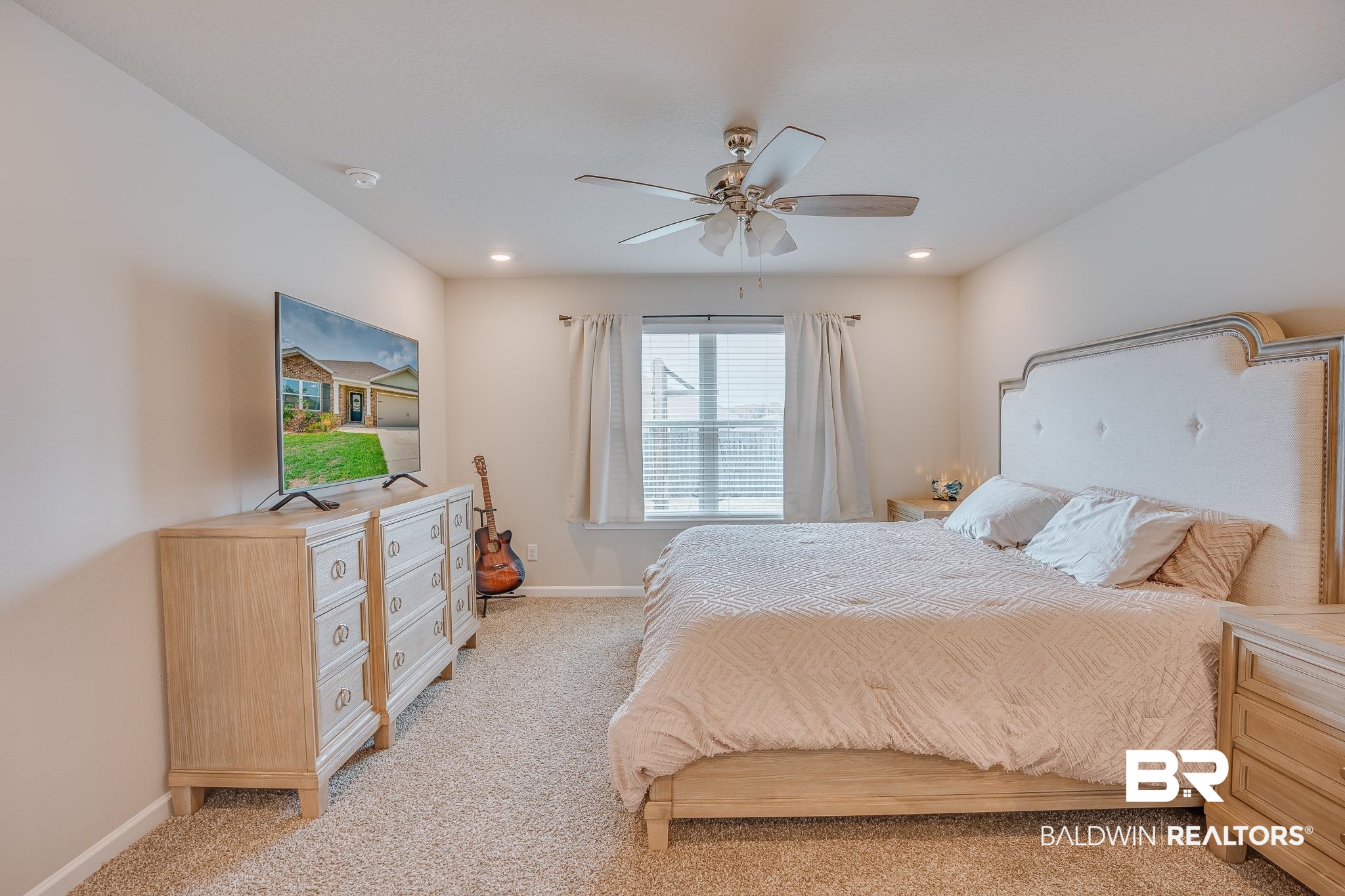 8242 Sycamore Way Semmes, AL 36575 - Photo 18 of 43 Bedroom featuring light colored carpet, ceiling fan, and recessed lighting
