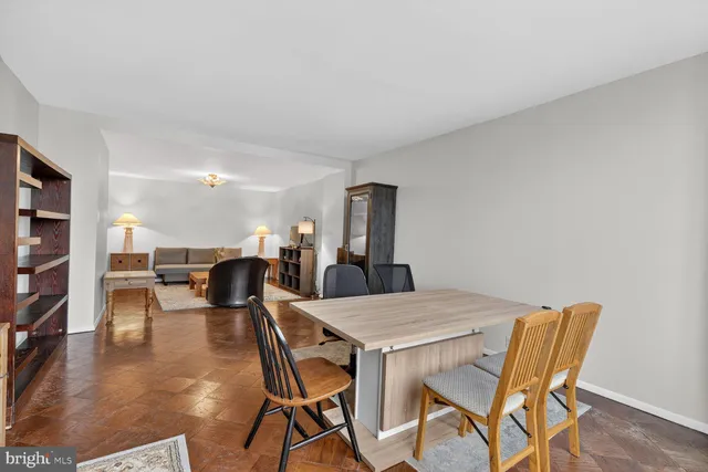 a view of a dining room with furniture