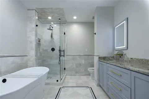 a bathroom with a granite countertop sink a toilet and shower