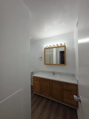 a bathroom with a sink and a mirror