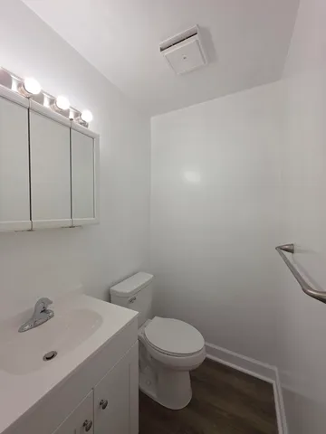 a bathroom with a sink a toilet and vanity