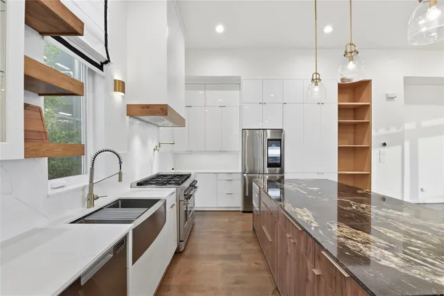 a kitchen with lots of counter top space