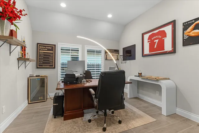 a work room with furniture and a potted plant