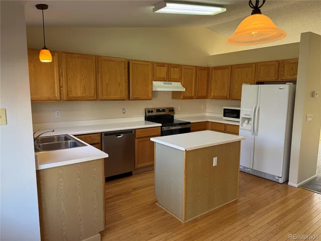 a kitchen with a appliances a sink a counter and a cabinets