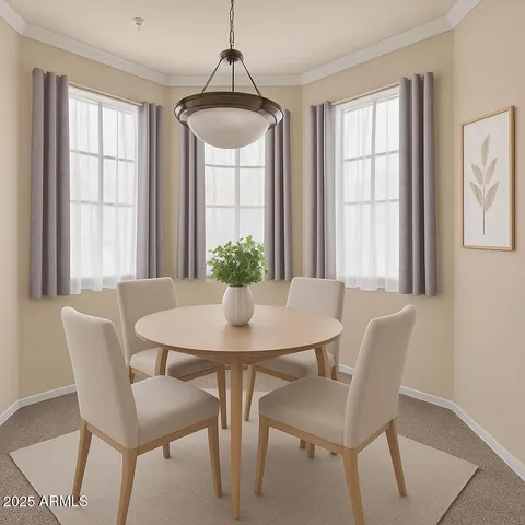 a view of a dining room with furniture and window