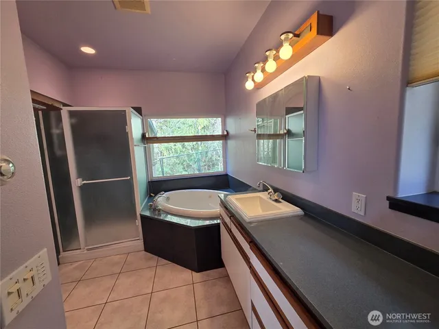 a bathroom with a sink a large mirror and a bathtub