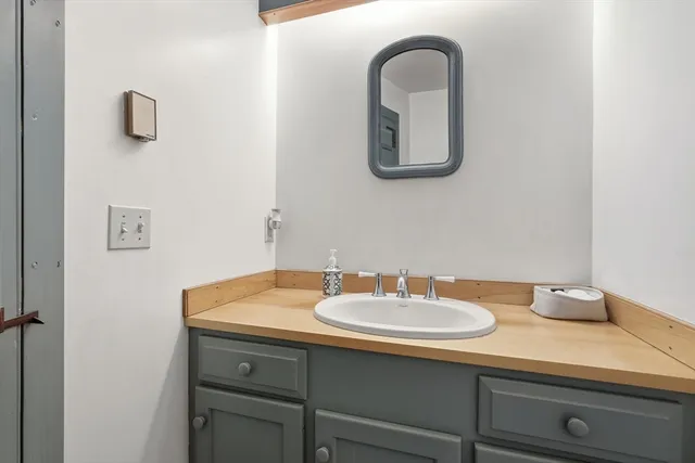 a bathroom with a sink and a mirror