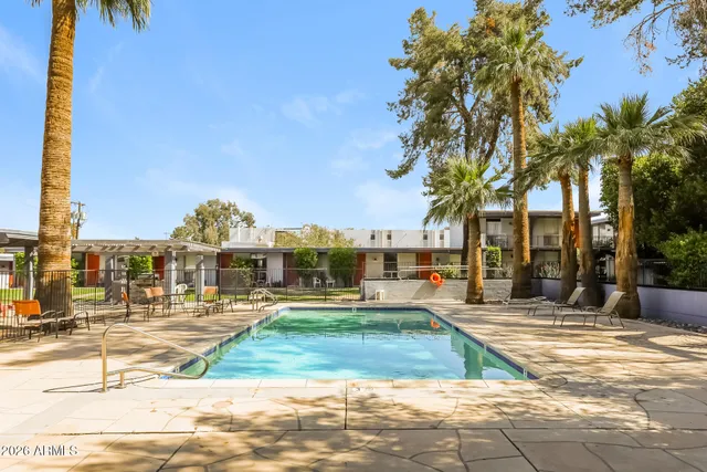 a view of a swimming pool with a lounge chairs