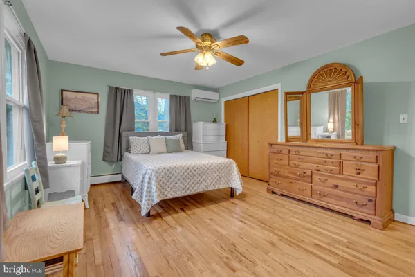 a view of a livingroom with wooden floor and furniture