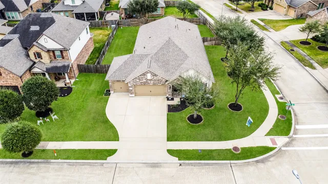 an aerial view of a swimming pool