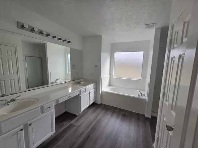a bathroom with a granite countertop bathtub a sink and a mirror