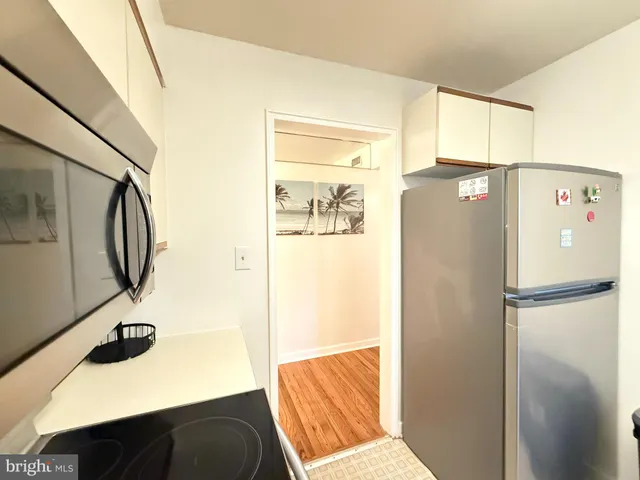 a view of walk in closet with window and refrigerator