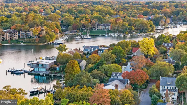 a view of a lake with a house and a garden