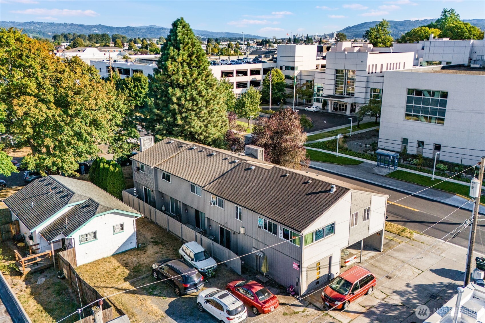 an aerial view of a house with a garden view