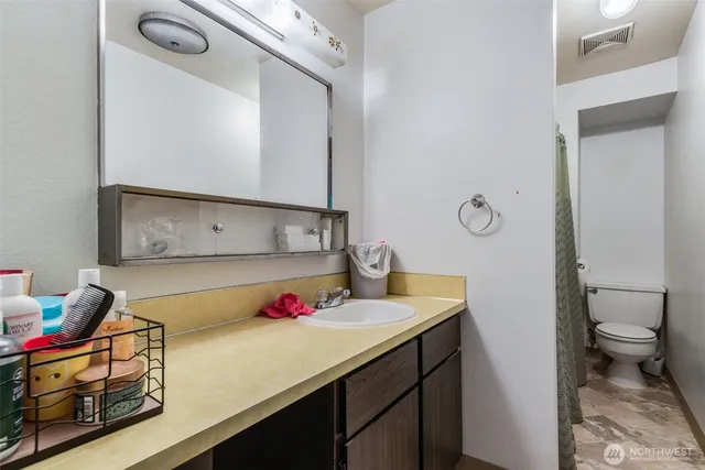 a bathroom with a sink vanity mirror and toilet
